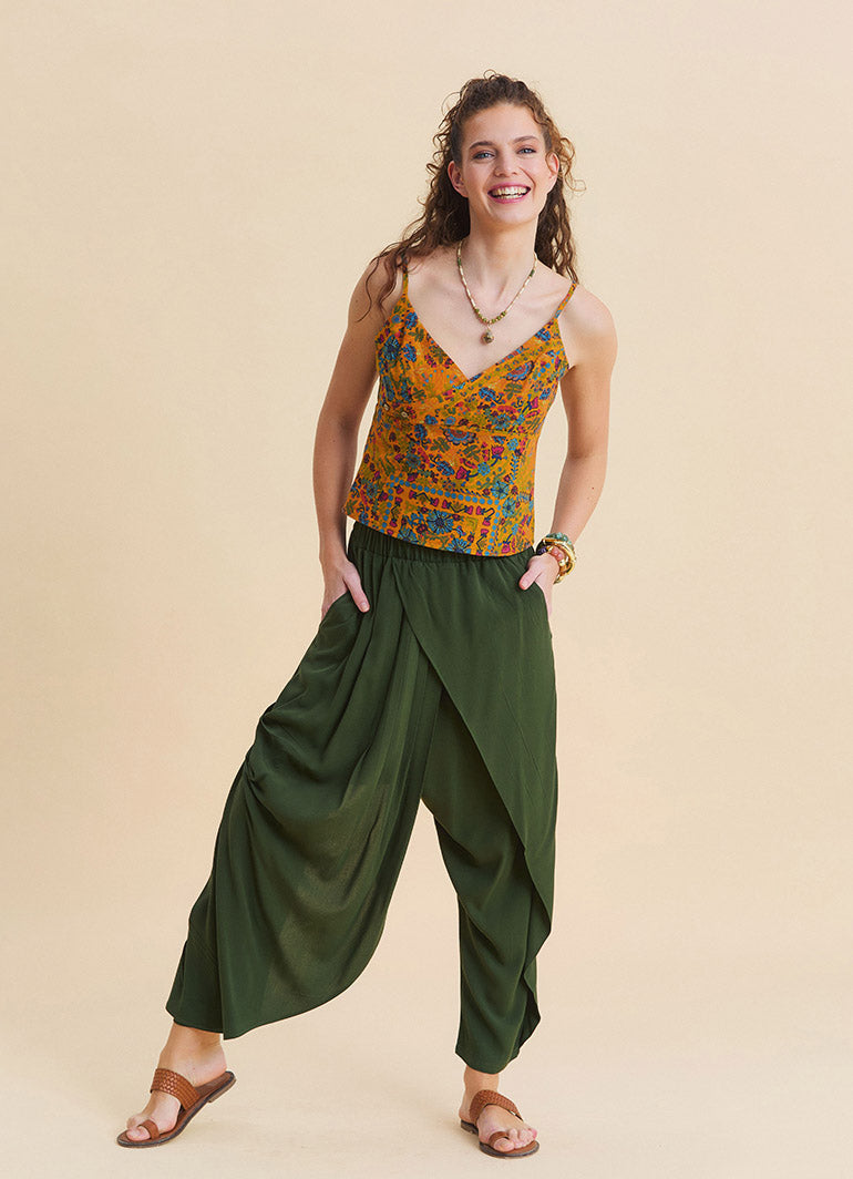 Women's Bohemian Trousers with Elasticated Waistband and Cross-Over Detail 4845