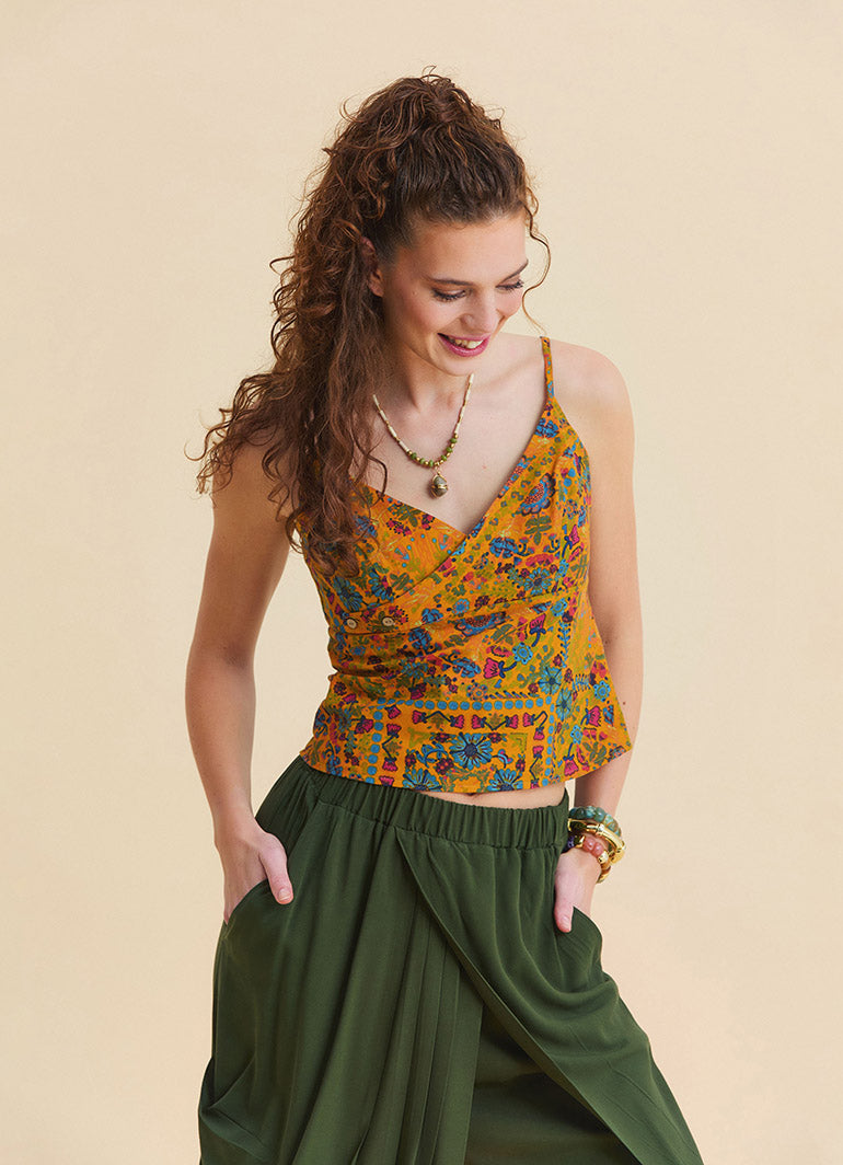 V Neck Strappy Mustard Floral Blouse 5007