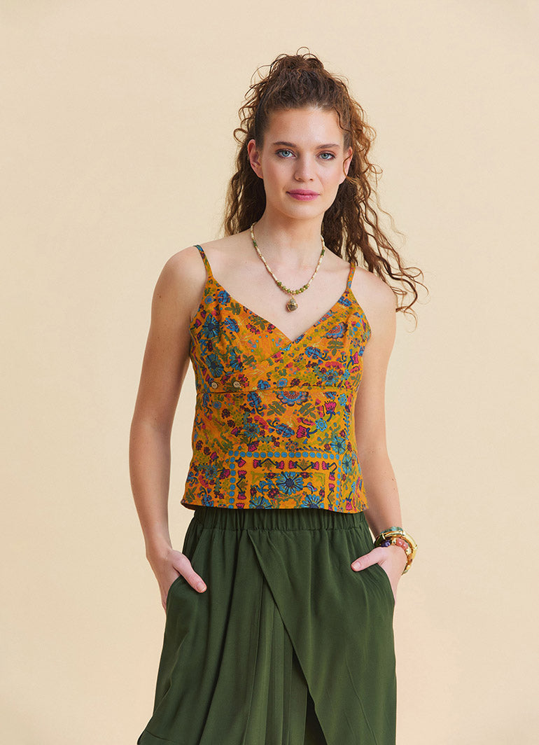 V Neck Strappy Mustard Floral Blouse 5007