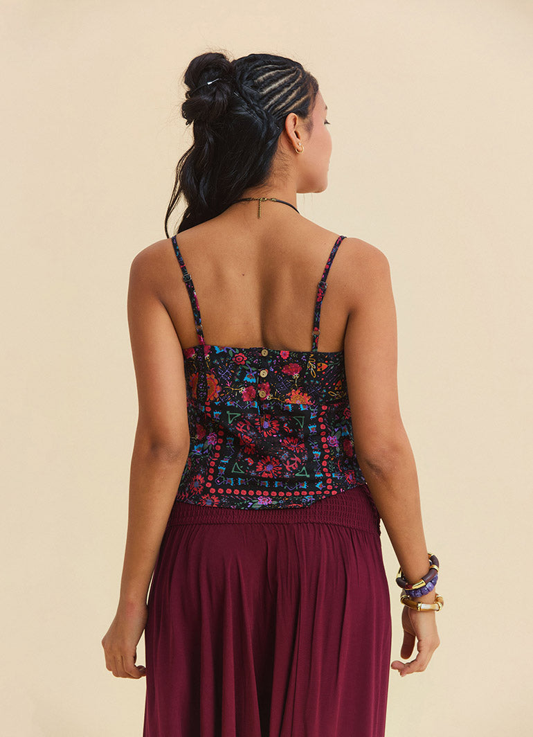 V Neck Strappy Black Floral Blouse 5008