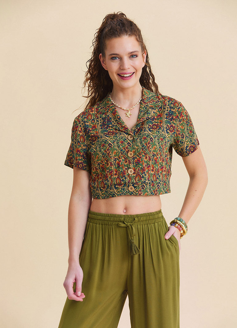 Green Womens Summer Trousers with Elasticated Waistband Pleats and Pockets  4862
