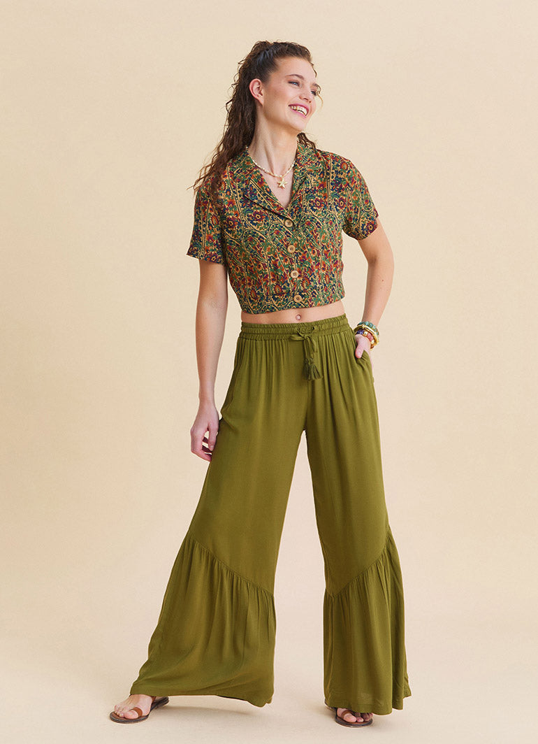 Green Womens Summer Trousers with Elasticated Waistband Pleats and Pockets  4862