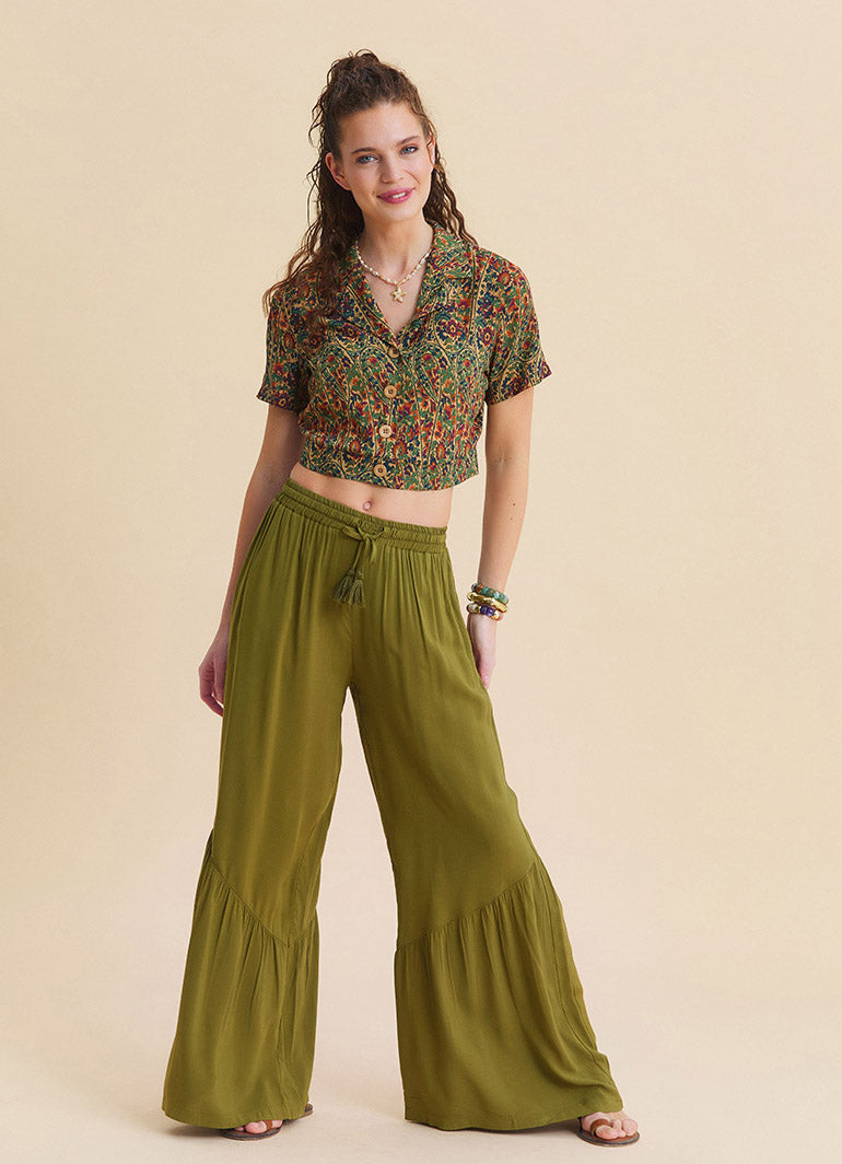 Green Womens Summer Trousers with Elasticated Waistband Pleats and Pockets  4862