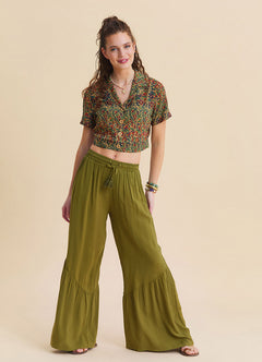 Green Womens Summer Trousers with Elasticated Waistband Pleats and Pockets  4862