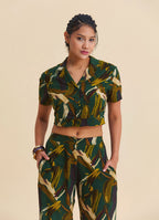 Khaki Button Down Collar Crop Blouse 4952