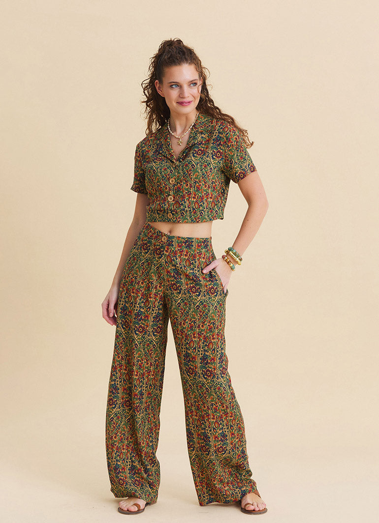 Womens Ethnic Pants with a Regular Waist and Green Floral Print Model 4948
