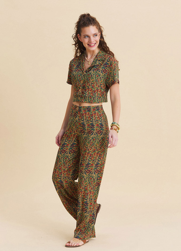 Womens Ethnic Pants with a Regular Waist and Green Floral Print Model 4948