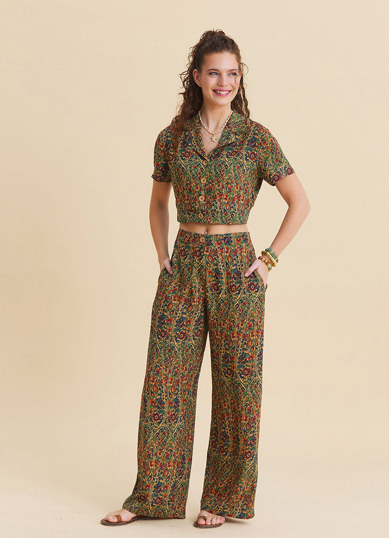 Womens Ethnic Pants with a Regular Waist and Green Floral Print Model 4948