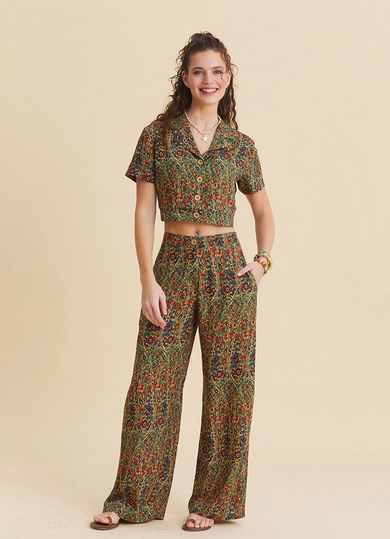 Womens Ethnic Pants with a Regular Waist and Green Floral Print Model 4948