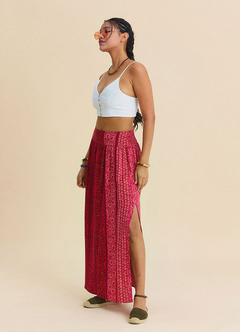 Red Floral Skirt with Elasticated Waist and Deep Slit 4913