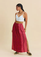 Red Floral Skirt with Elasticated Waist and Deep Slit 4913