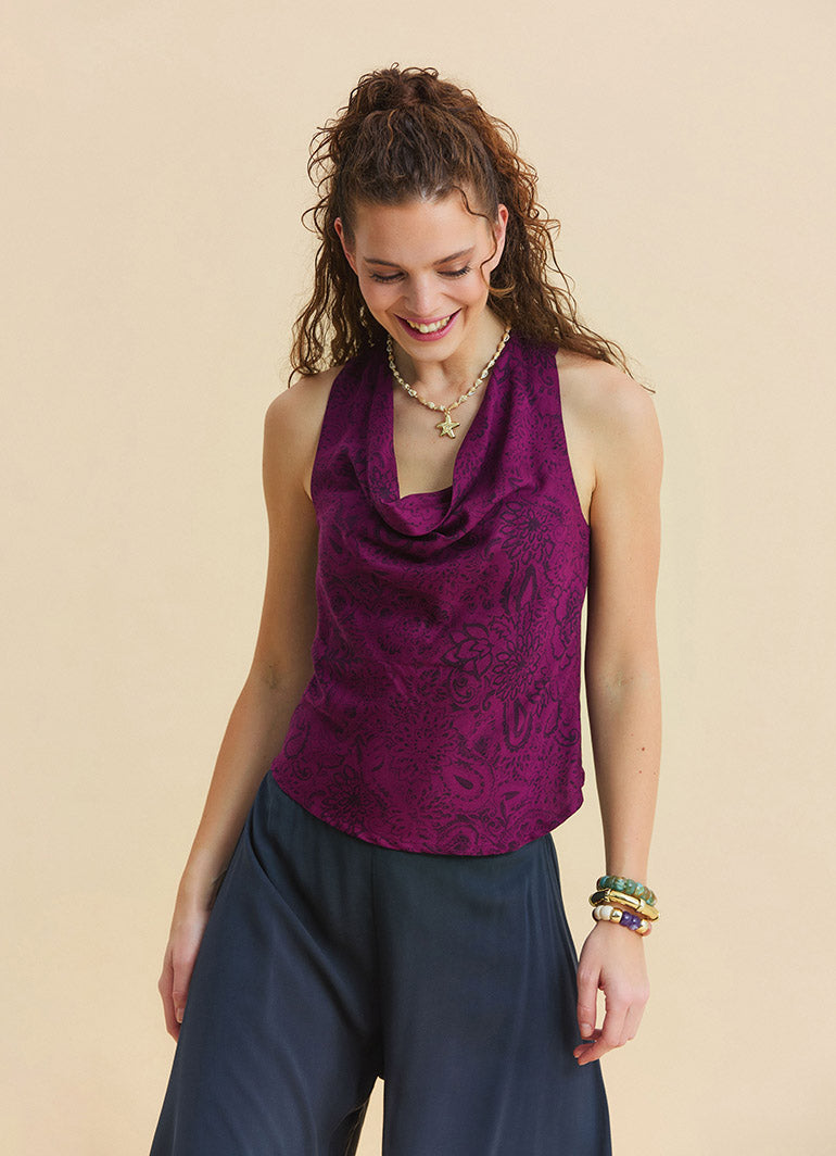 Red Summer Blouse with Open Collar, Cross Back, and Low Cut Back 4987
