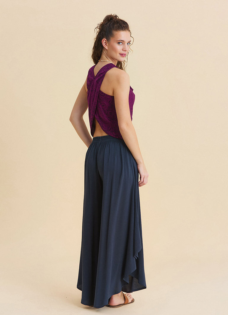 Red Summer Blouse with Open Collar, Cross Back, and Low Cut Back 4987