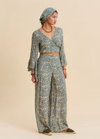 High Waist Wide Leg Beige Floral Women's Palazzo Trousers 4874