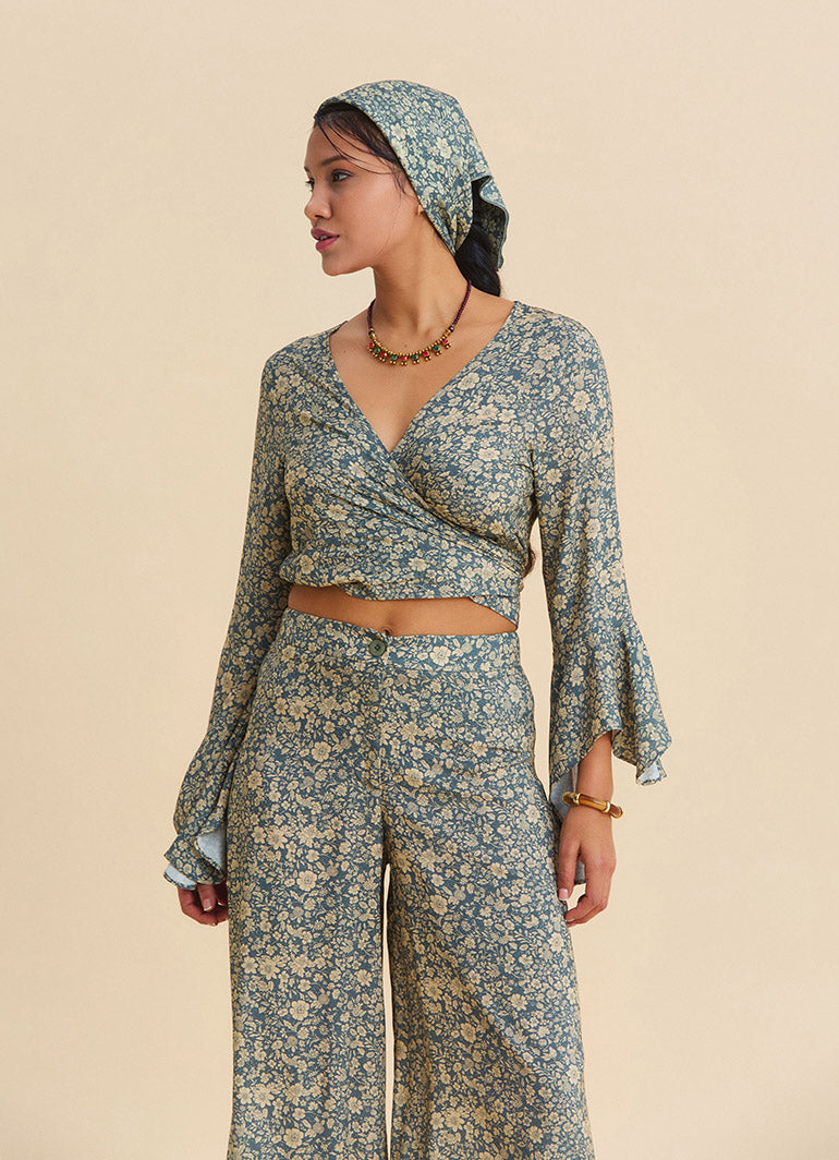 Spanish Collar Cross Over Cut Beige Floral Blouse 4895