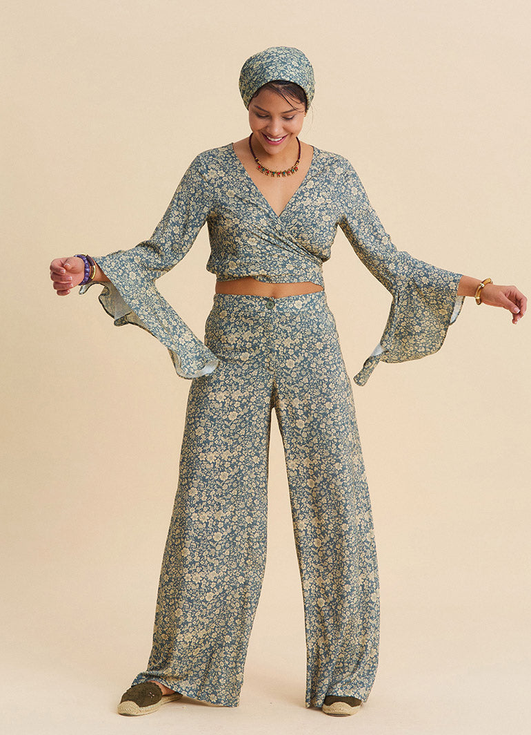 High Waist Wide Leg Beige Floral Women's Palazzo Trousers 4874