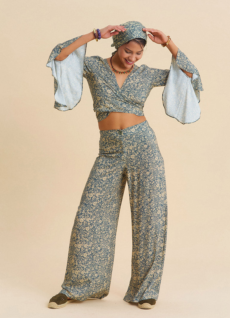 High Waist Wide Leg Beige Floral Women's Palazzo Trousers 4874