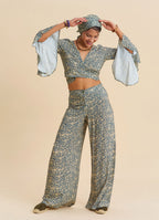 High Waist Wide Leg Beige Floral Women's Palazzo Trousers 4874