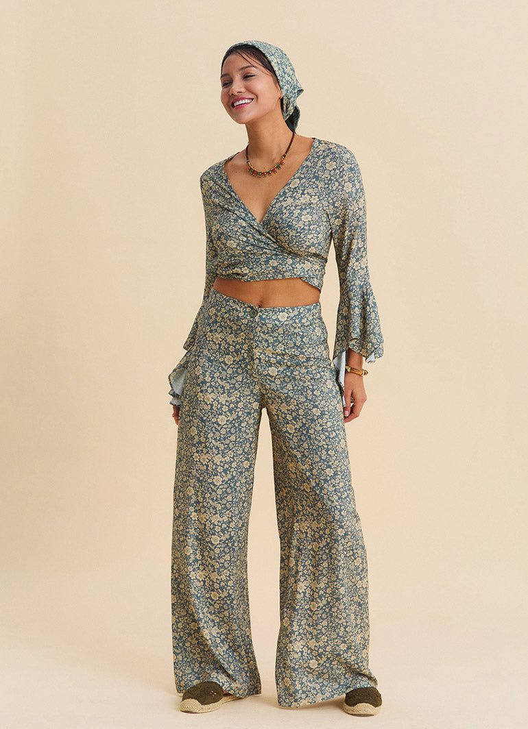 High Waist Wide Leg Beige Floral Women's Palazzo Trousers 4874
