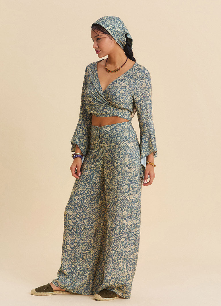 High Waist Wide Leg Beige Floral Women's Palazzo Trousers 4874