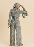Spanish Collar Cross Over Cut Beige Floral Blouse 4895
