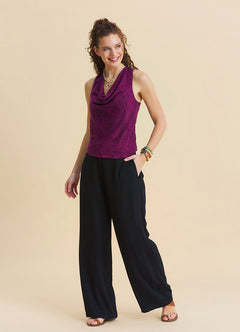 Regular Waist Button Front Black Womens Elastic Waist Pants 4946