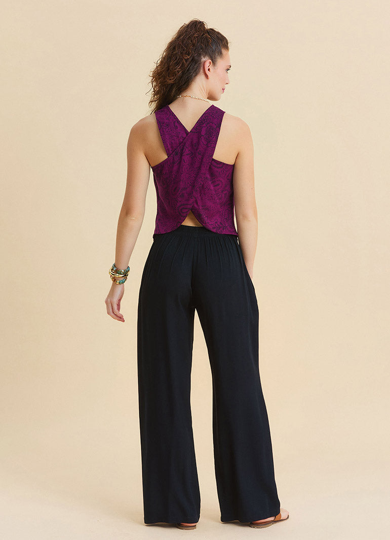 Regular Waist Button Front Black Womens Elastic Waist Pants 4946