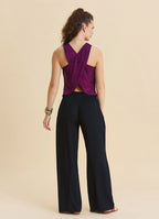 Regular Waist Button Front Black Womens Elastic Waist Pants 4946