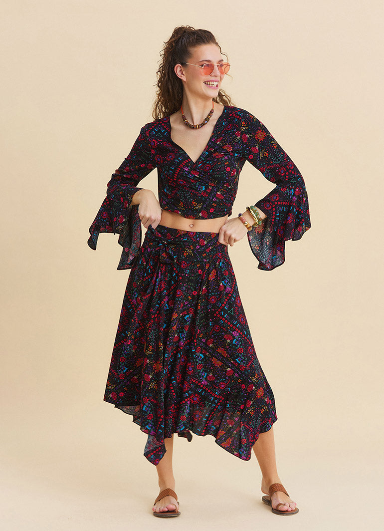 Gipe Detailed Belted Mustard Flower Skirt 4900