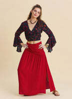 Drape Detail Slit Red Flowy Skirt   4906