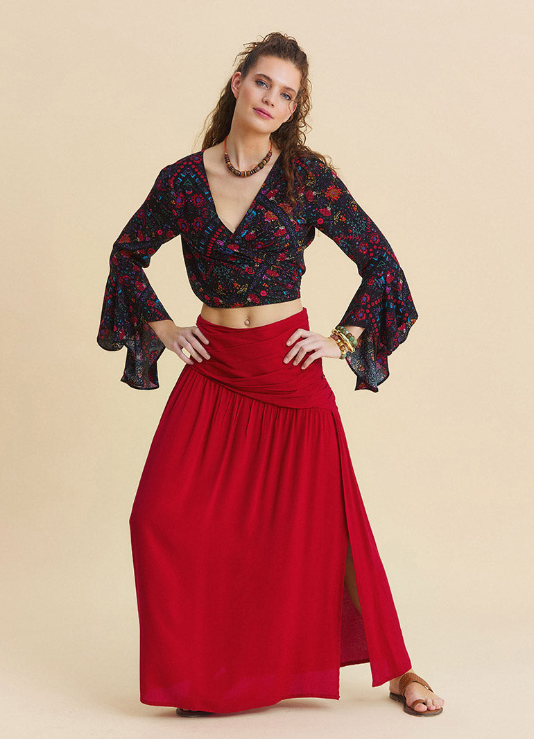 Drape Detail Slit Red Flowy Skirt   4906
