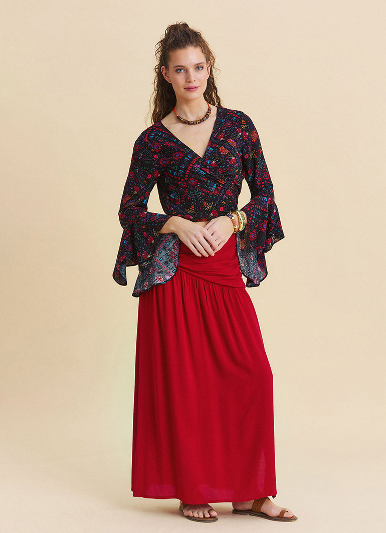 Drape Detail Slit Red Flowy Skirt   4906