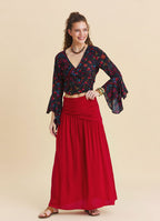 Drape Detail Slit Red Flowy Skirt   4906