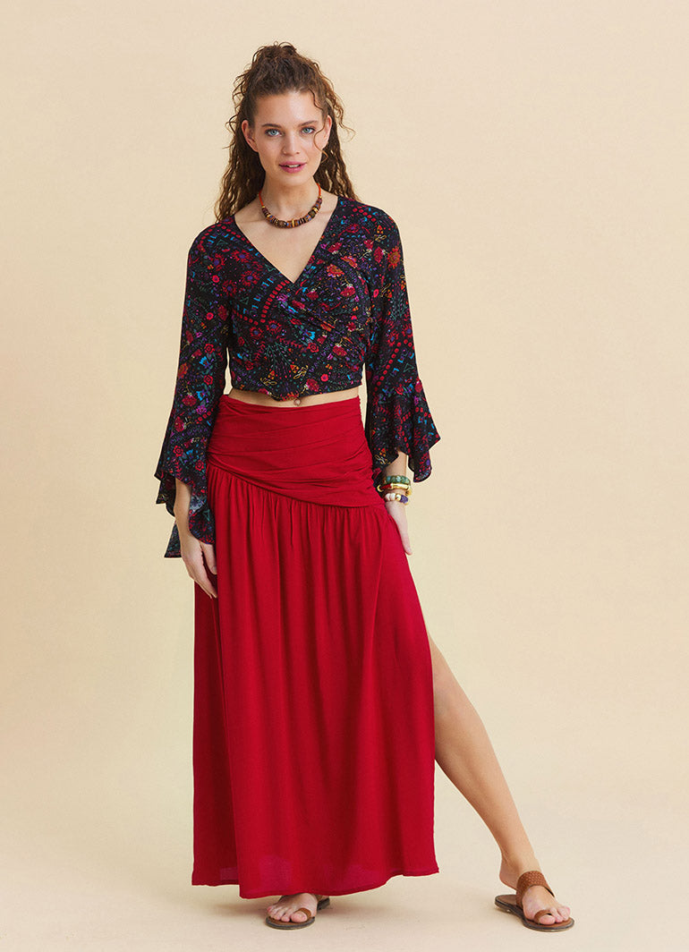 Drape Detail Slit Red Flowy Skirt   4906