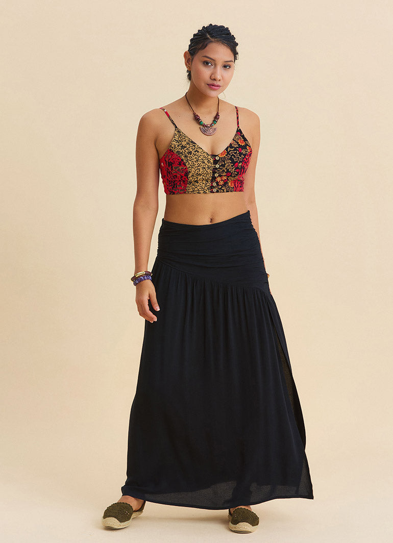 Drape Detail Slit Black Bohemian Skirt  4907