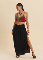 Drape Detail Slit Black Bohemian Skirt  4907