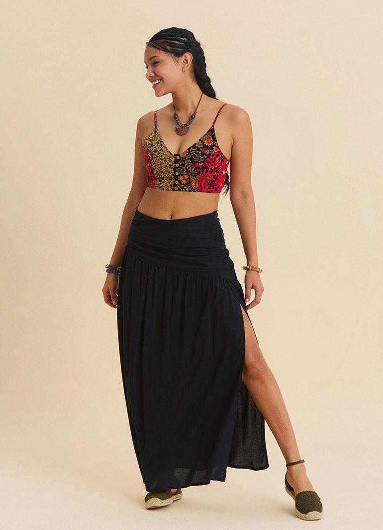 Drape Detail Slit Black Bohemian Skirt  4907