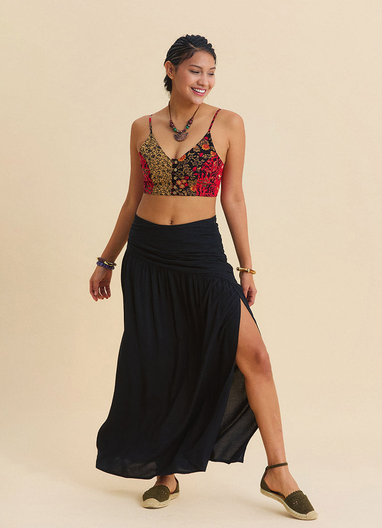 Drape Detail Slit Black Bohemian Skirt  4907