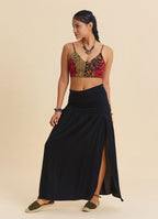 Drape Detail Slit Black Bohemian Skirt  4907