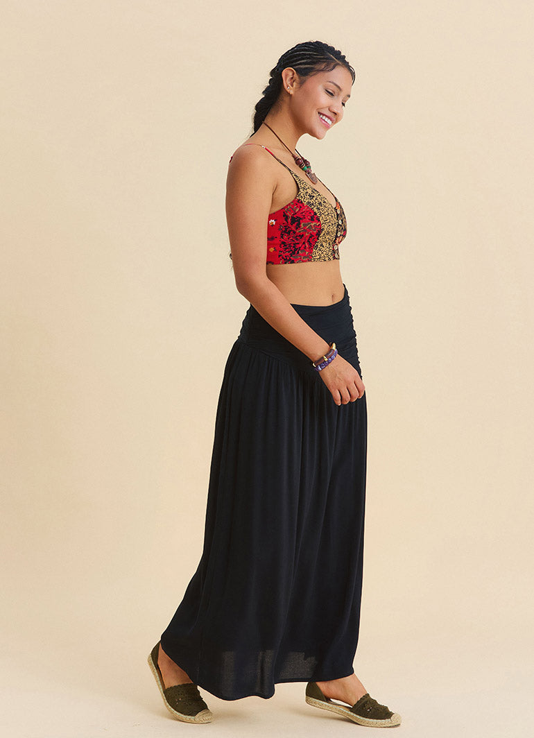 Drape Detail Slit Black Bohemian Skirt  4907