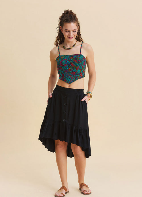 Black Asymmetrical Skirt with Elastic Waistband, Buttons, and Ruffles  4995