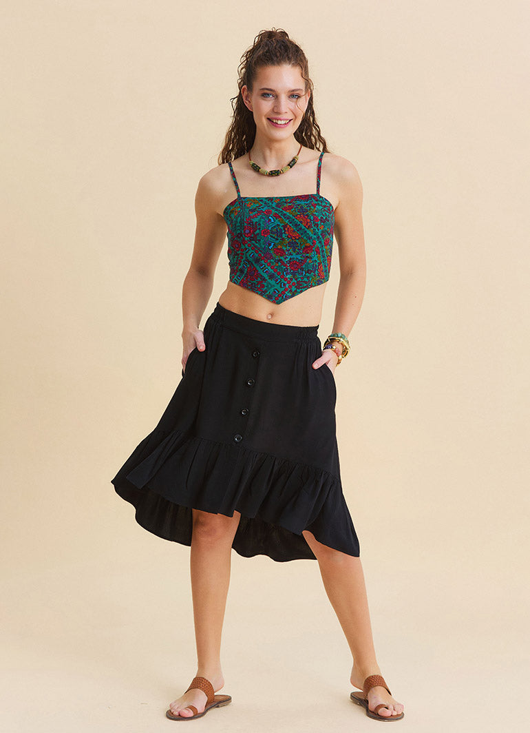 Black Asymmetrical Skirt with Elastic Waistband, Buttons, and Ruffles  4995