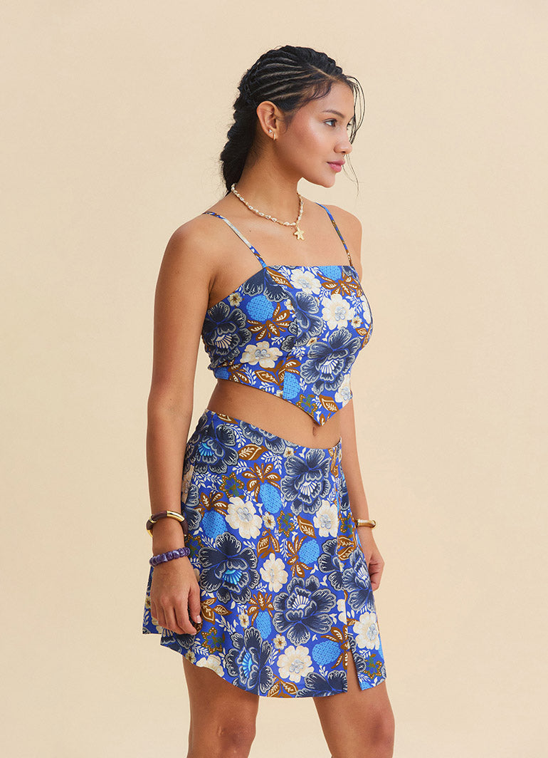 Cross Front Side Zip Blue Patterned Shorts Skirt 4944