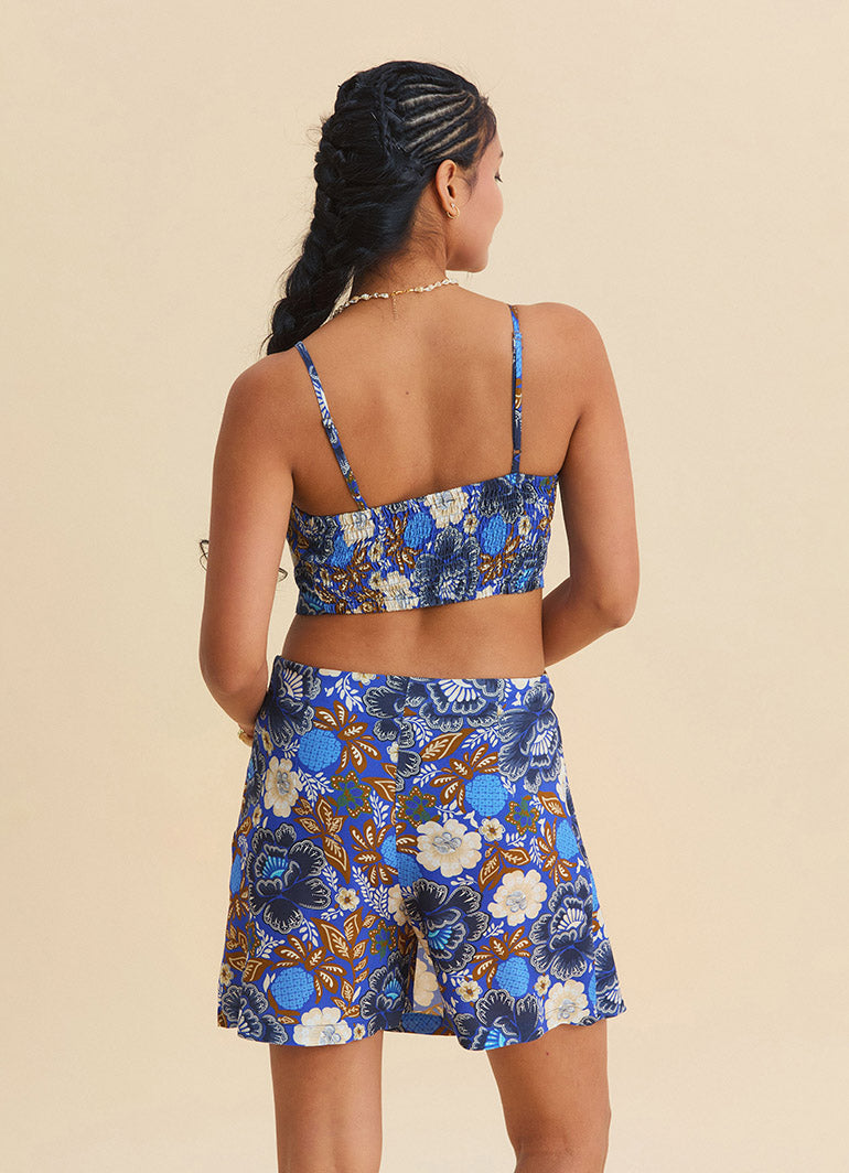 Cross Front Side Zip Blue Patterned Shorts Skirt 4944