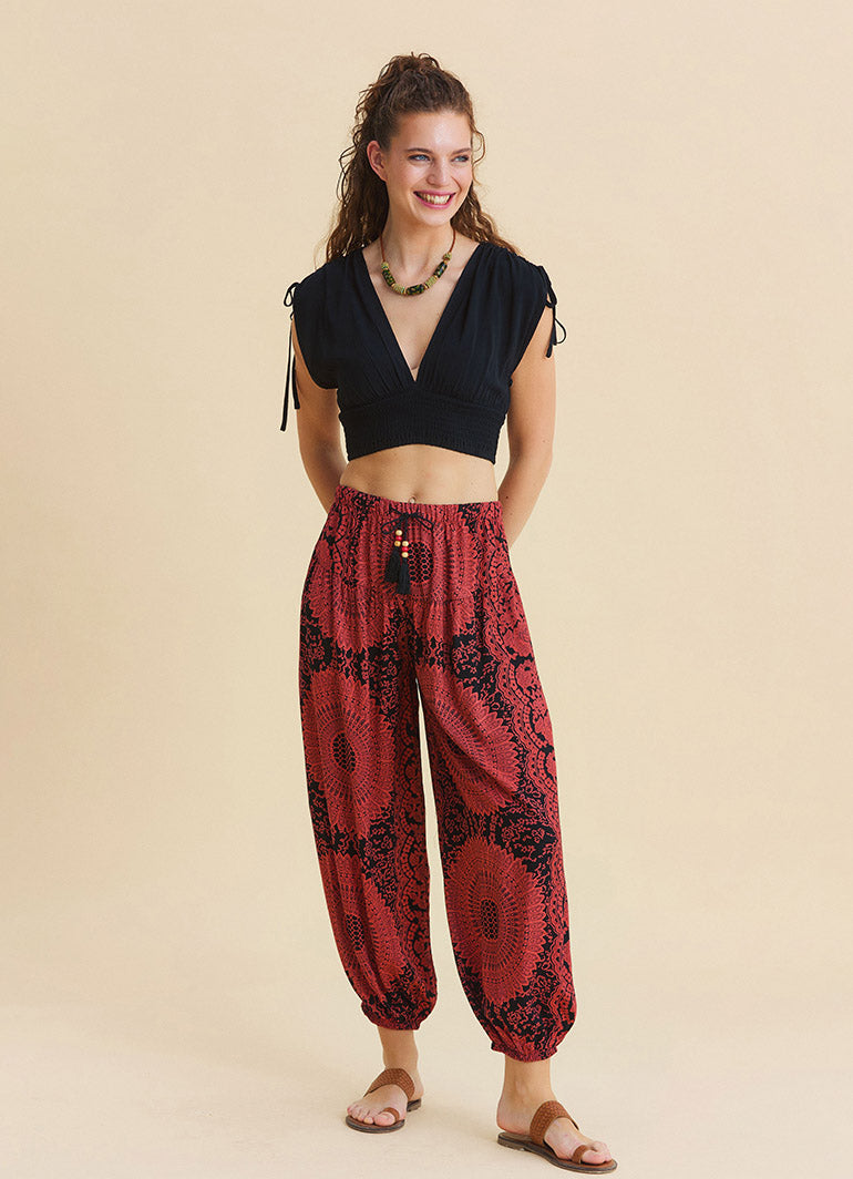 Fuchsia Women's Ethnic Trousers with Elasticated Waistband and Lace Up Detail  4841