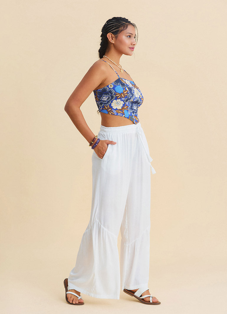 White Womens Viscose Trousers with Belted Waist Pleats and Pockets 4861