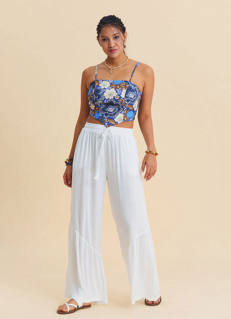 White Womens Viscose Trousers with Belted Waist Pleats and Pockets 4861