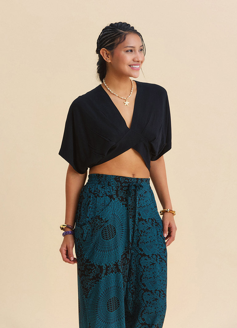 Crew Neck Backless Flowy Black Summer Blouse 4882