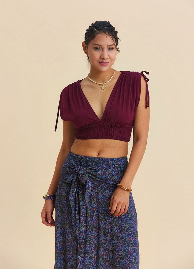 Deep V Neck Belted Burgundy Crop Blouse 4933
