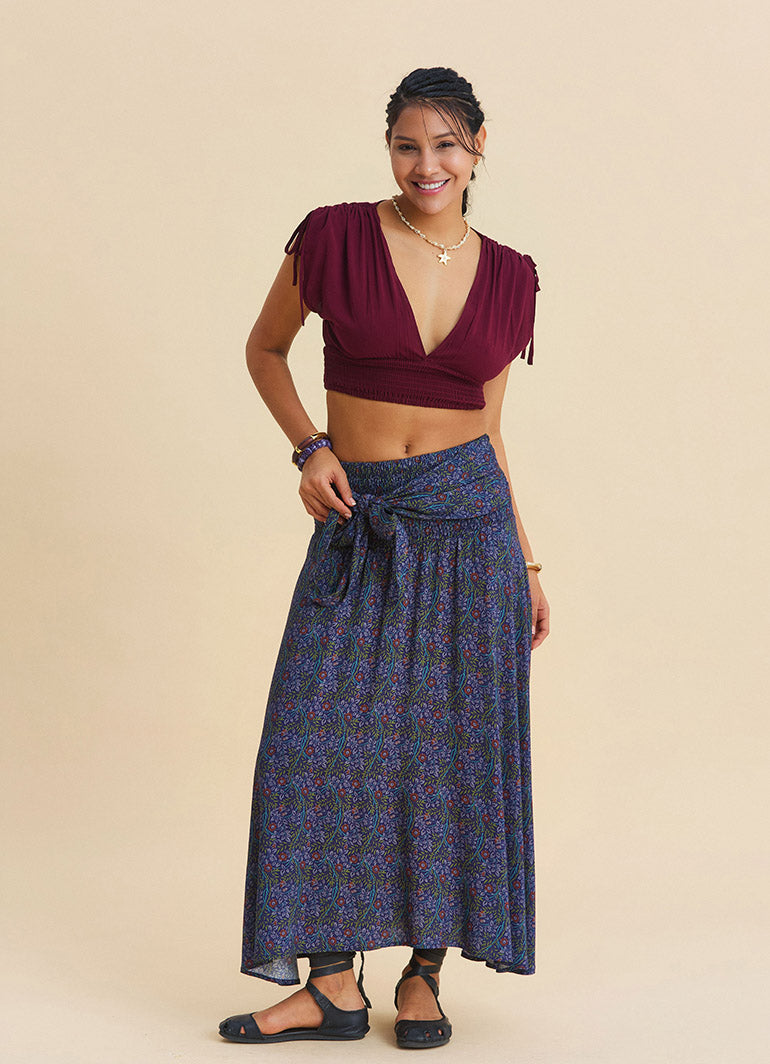 Deep V Neck Belted Burgundy Crop Blouse 4933